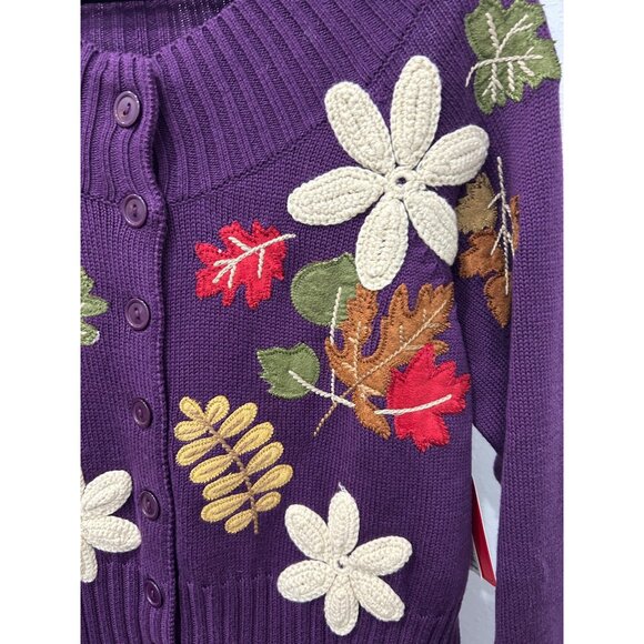 Classic Elements NWT Purple Embroidered Floral Leaf Cardigan Sweater Sz Large - Picture 4 of 9